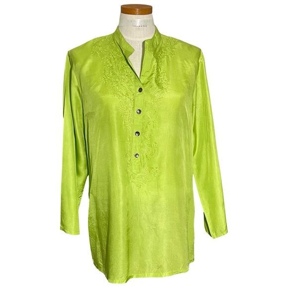 Chico’s Chartreuse Silk Embroidered Nehru Neckline Tunic Sz Med (Chico’s Sz 1) - Picture 1 of 8